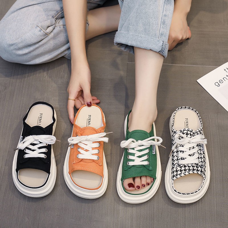 2021 summer canvas slippers, korean style slippers, round head slippers, flat women sandals with home sandal