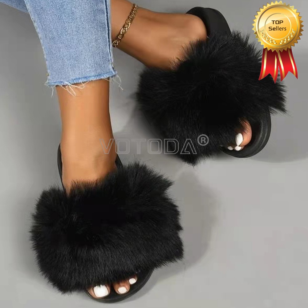 2022 New Summer Slippers Women Fuzzy Slides Fluffy Faux Fur Slippers Flat Furry Sandal Fashion Fur Flip Flop Amazing Woman Shoes