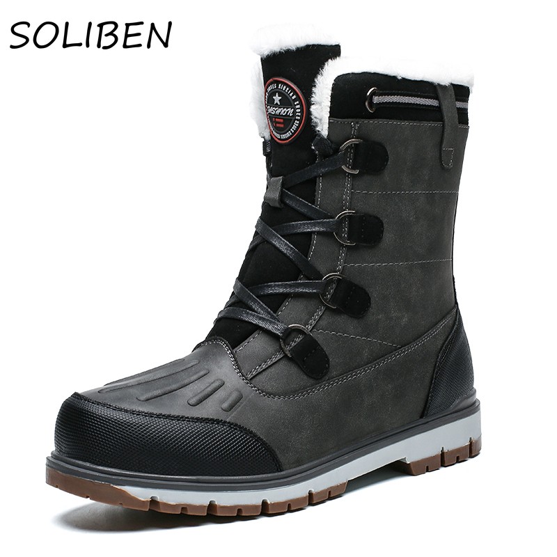 SOLIBEN Winter Men Boots Waterproof Warm Fur Snow Boots Men Outdoor Winter Work Casual Shoes Rubber Ankle Boots