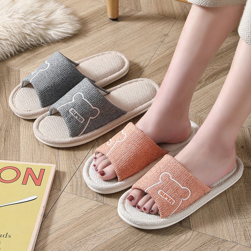 Women Indoor Linen Slippers Floor Couple Bedroom Shoes Ladies Summer Cute Cartoon Open Toes Non-slip Flip Flops Zapatillas Mujer