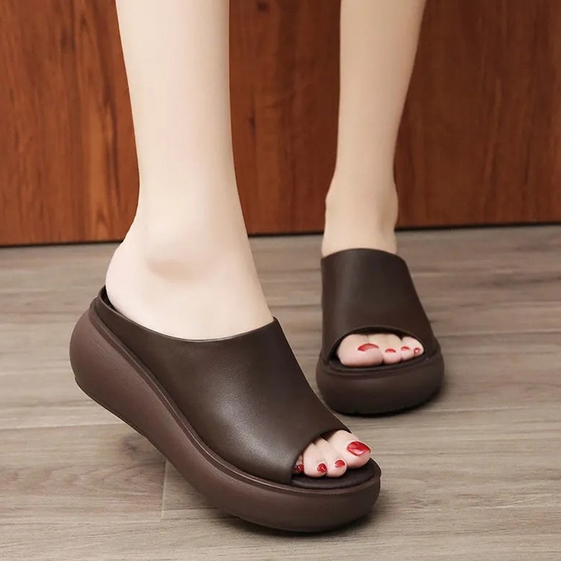 Rimocy Thick Bottom Women Summer Slippers Outdoor Beach PU Leather Slides Female Vintage Peep Toe Platform Slippers Sandals 2021