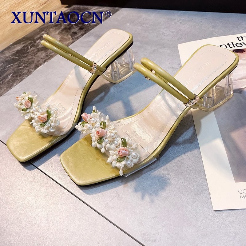 Fashion Crystal Pearl Heels 2021 Women's Sandals Lace Ruffles Beaded High Heels Open Toe Fantasy Women Slippers