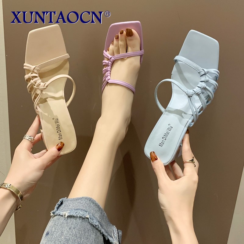 Women Slippers Sexy High Heels Outdoor Slides Women Summer Shoes Sandals Female Heels Square Toe Slippers Designer Brand Slippers