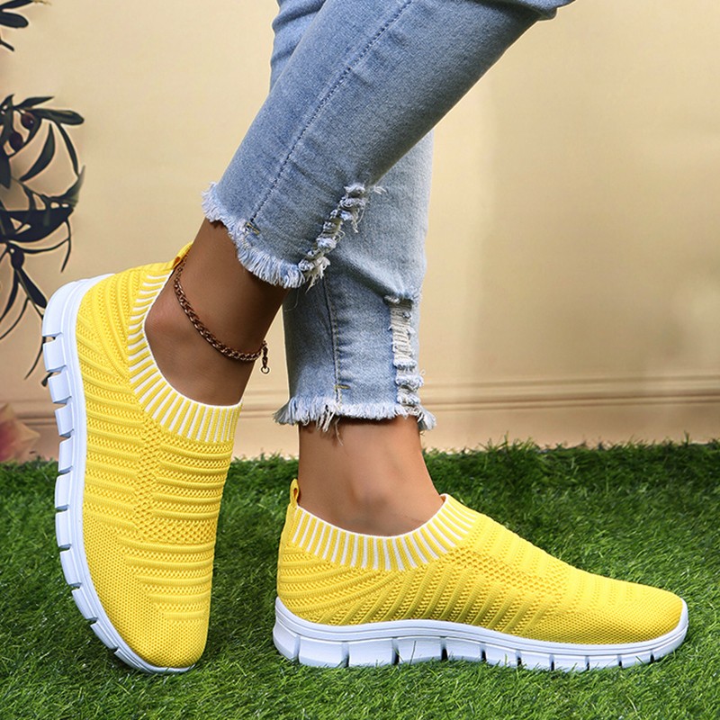 Rimocy Yellow Stripe Knitted Socks Sneakers Women Spring Summer Slip On Flat Shoes Woman Plus Size Mesh Breathable Running Shoes
