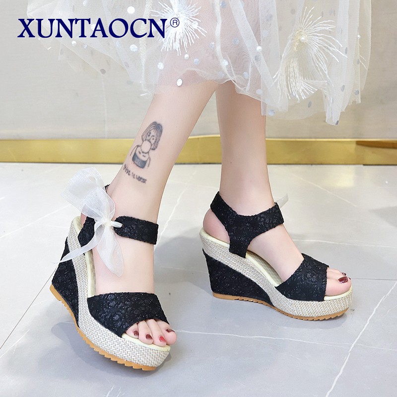 Summer women's I-shaped buckle platform peep toe wedge sandals ladies dress temperament elegant high heels hook and loop shoes