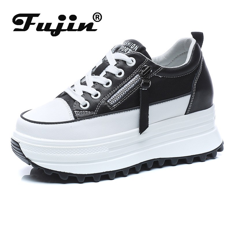 Fujin Genuine Leather Women Casual Shoes 7cm Platform Wedge Zip Female Women Sneakers Fashion Chunky Shoes Spring Autumn Summer