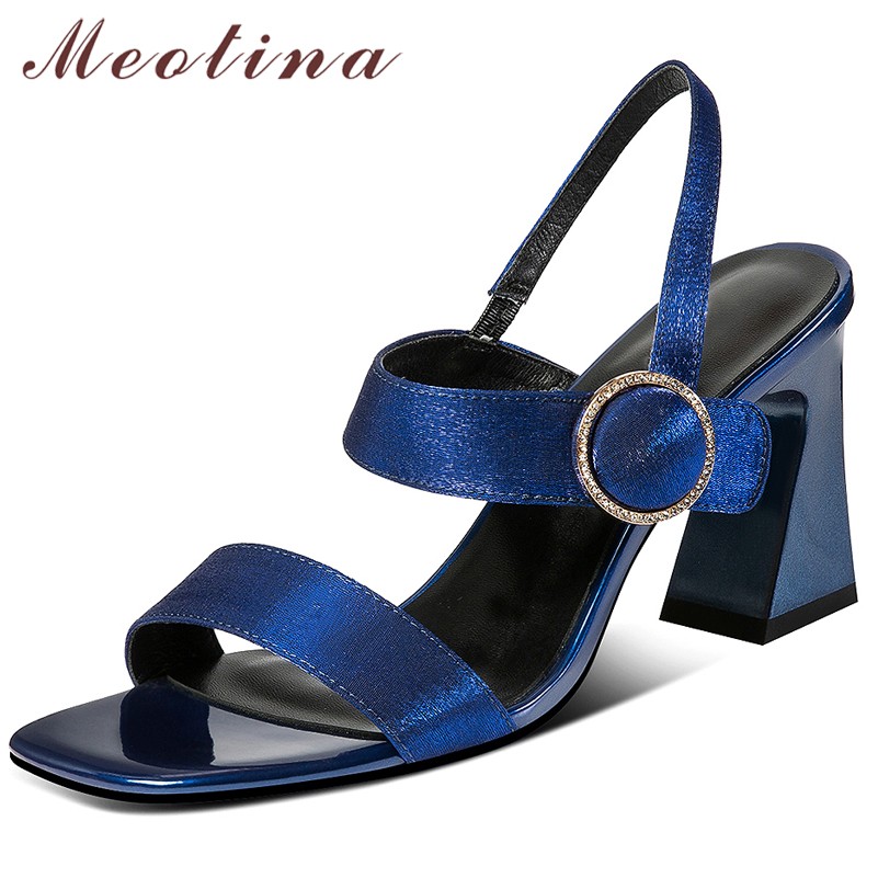 Meotina Genuine Leather Women Fashion Shoes Buckle Square Toe Sandals Thick Heel High Heels Women's Shoes 2022 Summer Blue