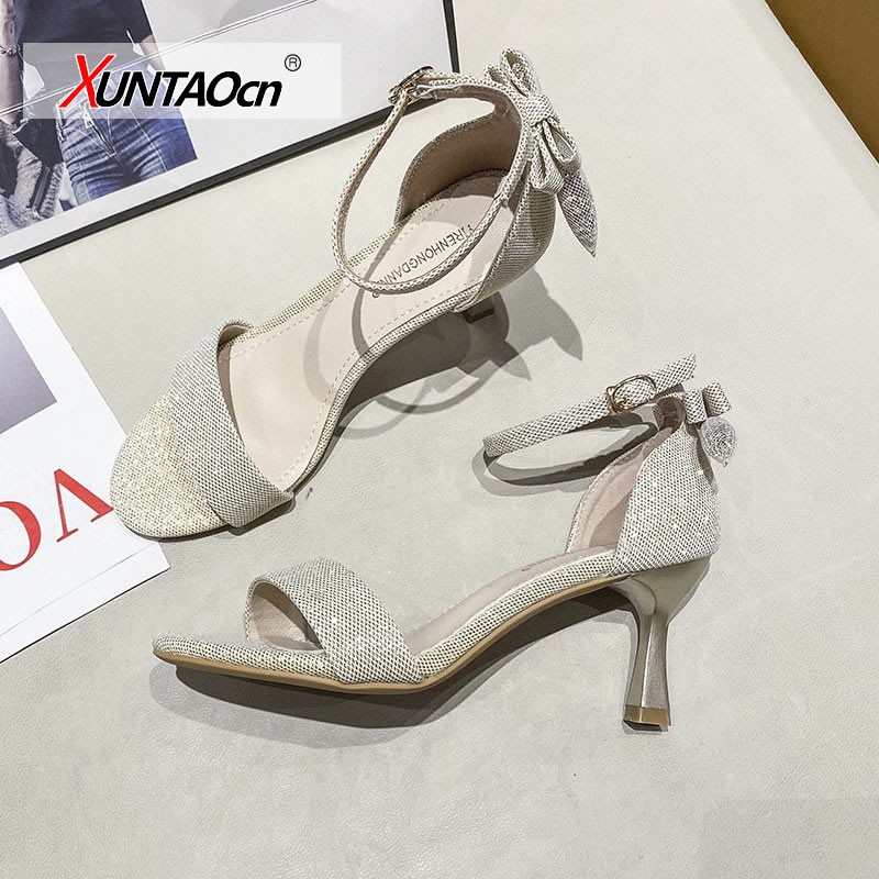 Flock Beige High Heels Sandals for Women 2020 Summer Shoes Women Fashion Open Toe Buckle Casual Sandals Square Heel Women's Shoes