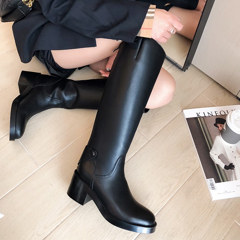 Women knee-high boots natural leather shoes plus size 22-27cm length 6cm heel cowhide autumn and winter warm plush boots