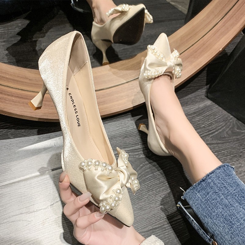 Lucifer Women Pearl Bowknot Stiletto Heel 2022 Pointed Toe Silk Wedding Party Shoes Elegant Feminine Shallow Mouth Shoes