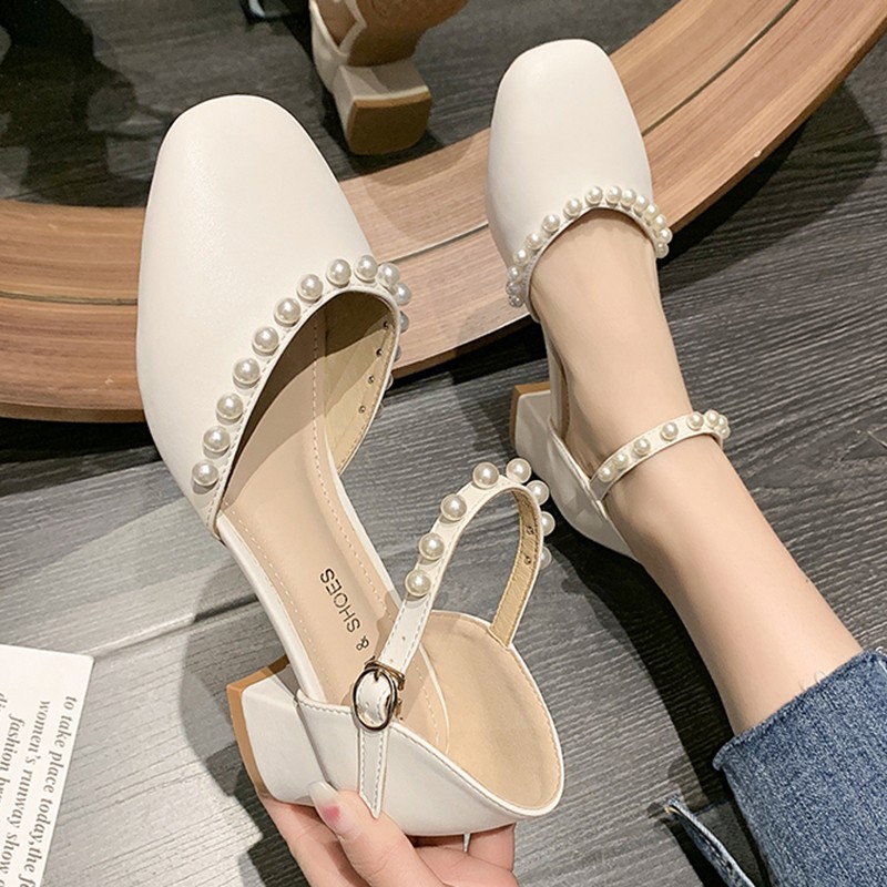 Rimocy Elegant Chain Bead Mary Janes Shoes Women 2022 Spring Ankle Strap Thick Heel Pumps Woman Square Toe Pearl Party Shoes