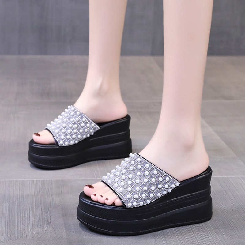 Rimocy 2022 Platform Wedge Sandals Women Summer Shoes Ultra High Heels Pearl Wedge Sandals Women Open Toe Platform Wedge Sandals