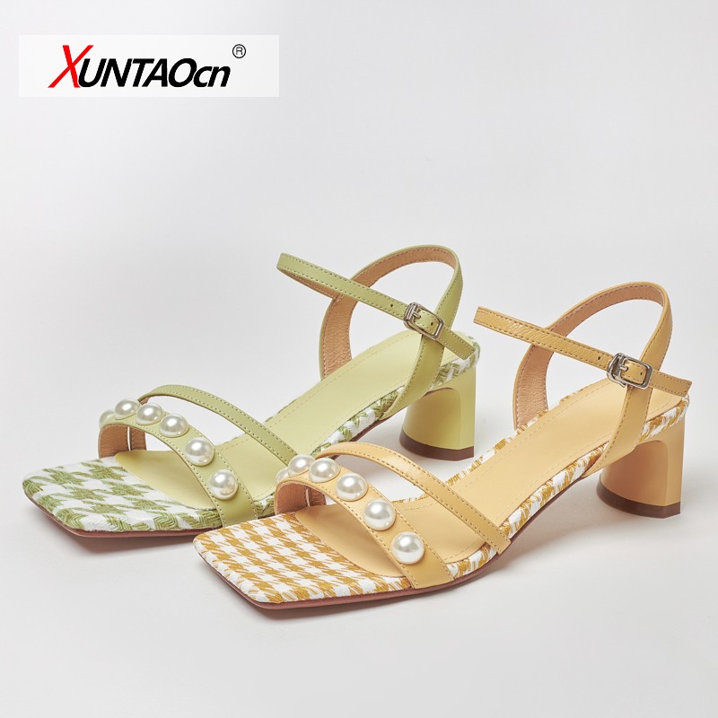 Women Sandals PU Leather Candy Color Summer Women Shoes Fashion Square Toe Stringy Heels Shoes Size 35-39