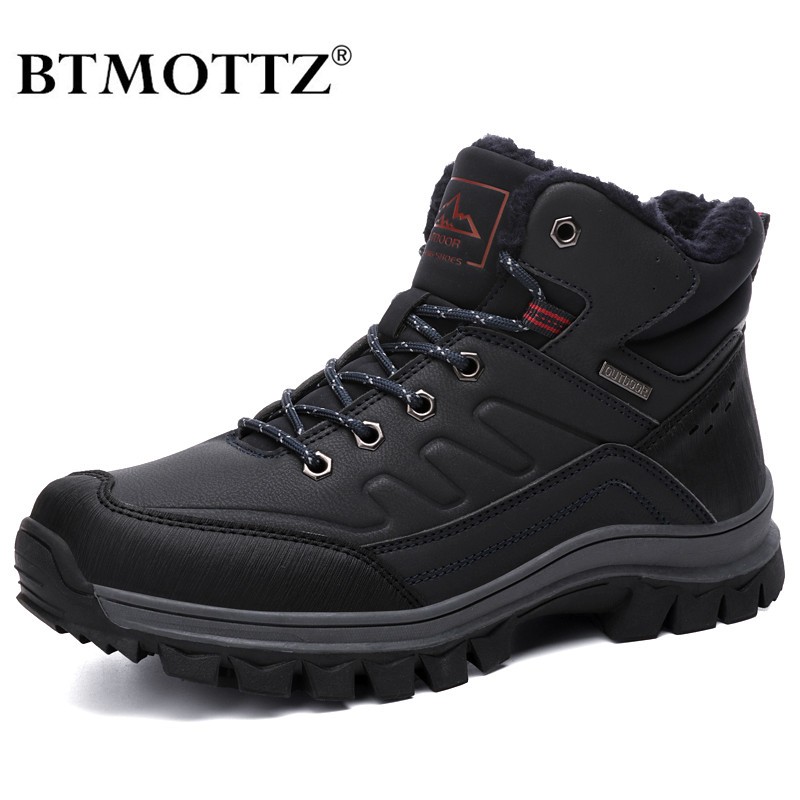 Leather Men Sneakers Warm Fur Snow Boots Men Winter Work Casual Shoes 2019 Military Rubber Ankle Boots Waterproof BTMOTTZ
