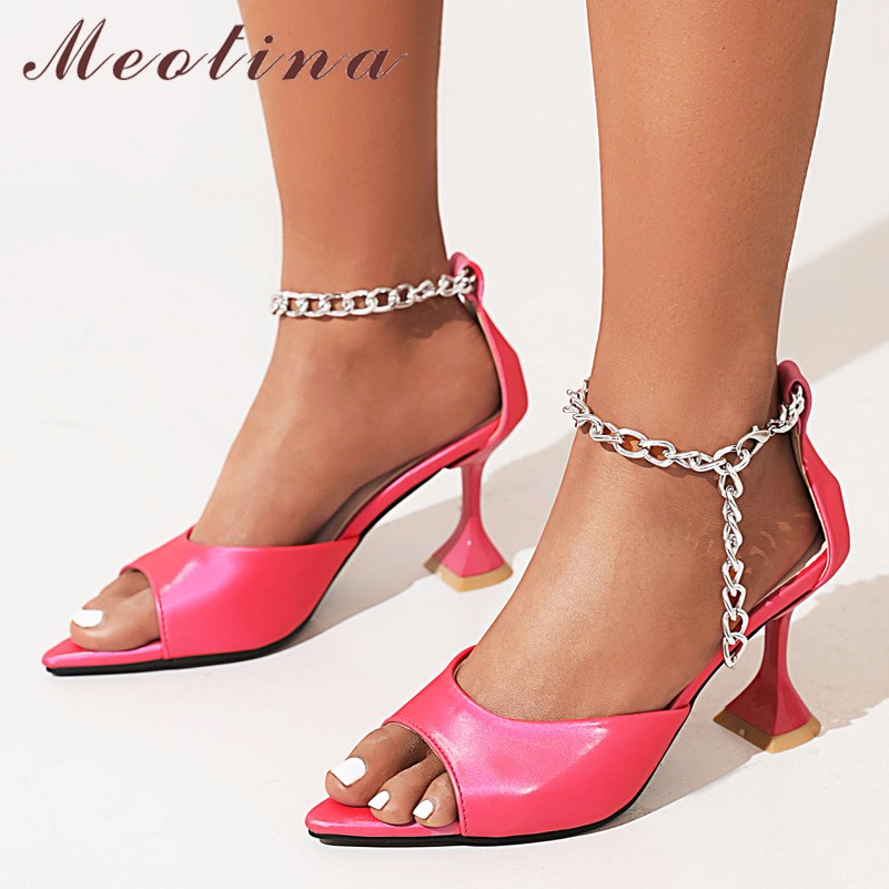 Meotina Women Shoes PU Leather Ankle Strap Sandals Super High Heel Sandals Thin Heel Buckle Chain Women's Summer Shoes Yellow