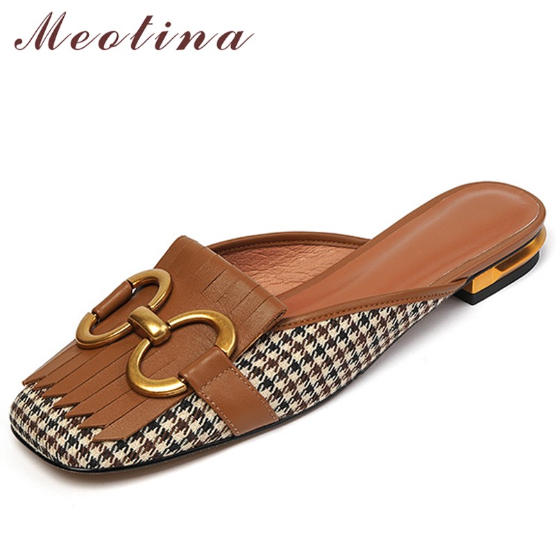 Meotina Women Mules Shoes Genuine Leather Flat Shoes Fringe Metal Decoration Square Toe Women's Shoes Spring Autumn Brown 40