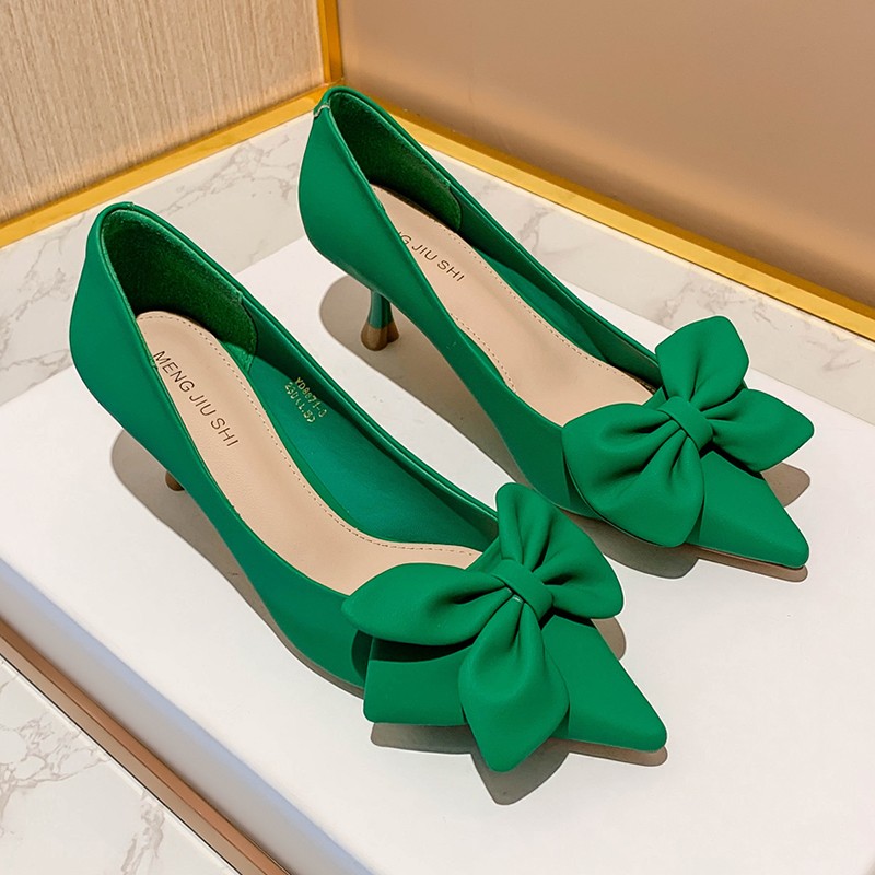 Rimocy Sexy Pointed Toe Bowknot Pumps Women Slip On PU Leather High Heel Shoes Woman Thin Heel Solid Color Green Party Shoes