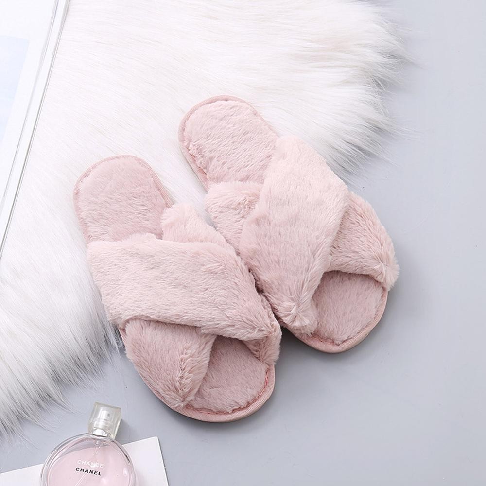 Women Fluffy Winter Sandal Cross Velor Open Toe Sandal Soft Warm Flat Shoes Faux Fur Slippers Home Women's Shoes WJ004