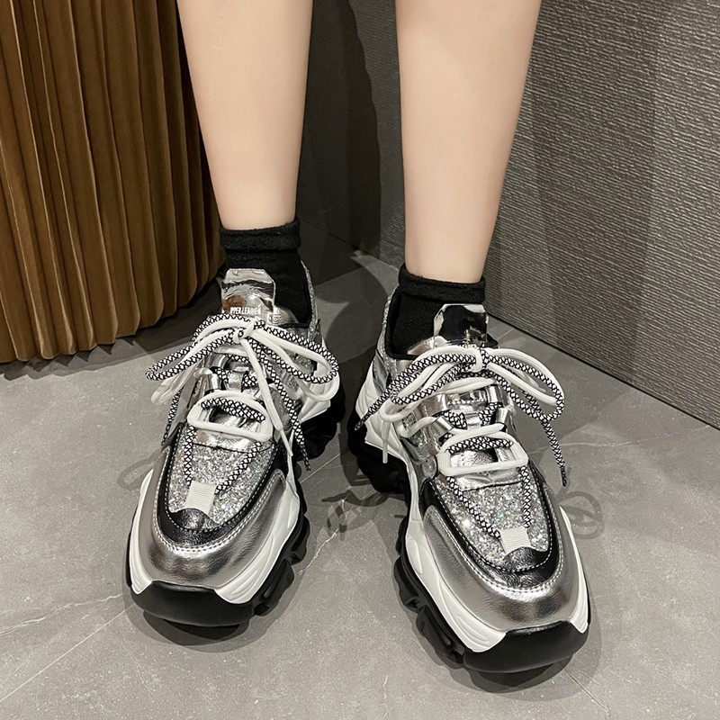 Rimocy Glitter Silver Chunky Sneakers Women Street Fashion Thick Sole Vulcanized Shoes Woman 2022 Spring High Platform Sneakers