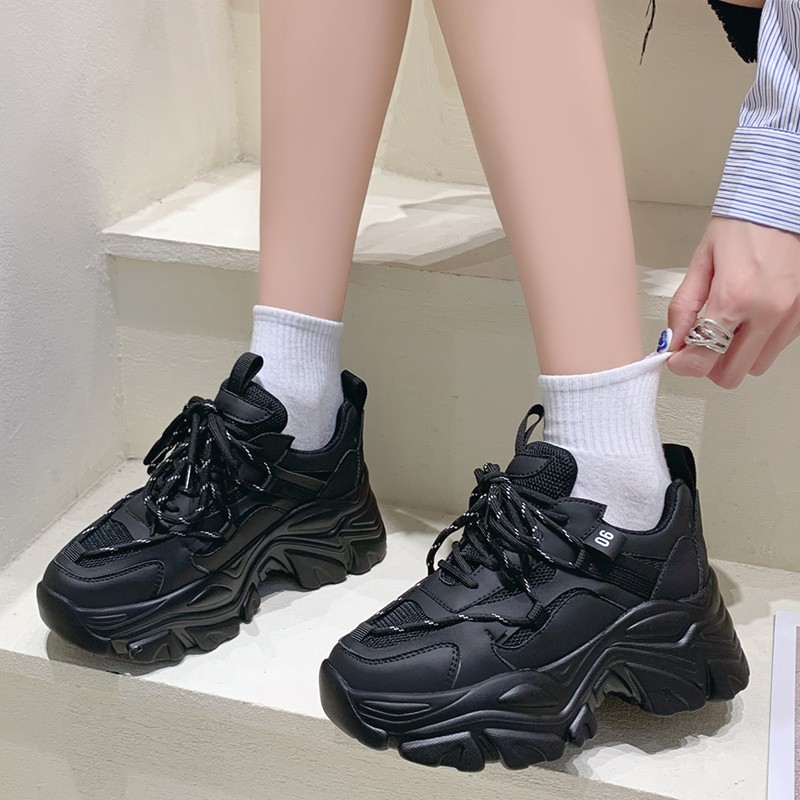 Rimocy Fashion Chunky Platform Sneakers Women Autumn Winter Thick Sole Vulcanize Shoes Woman High Street Lace Up Trainers Black