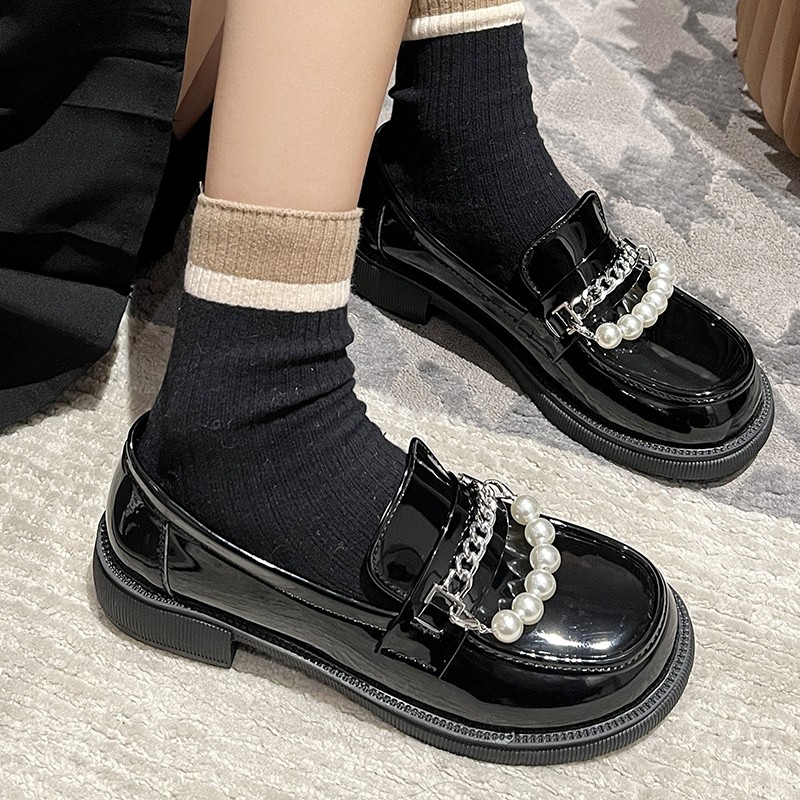 Lucifer Pearl Chain Platform Loafers Women 2022 Round Toe Slip On Pu Leather Shoes Woman Black Med Heels Student Shoes Female