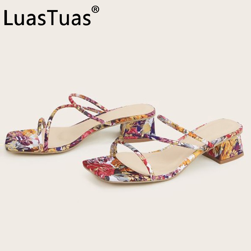 LuasTuas Size 35-41 Women Summer Shoes Print Square Heel Ladies Sandals Ins Chic Fashion Party Club Shoes Footwear Size 35-41