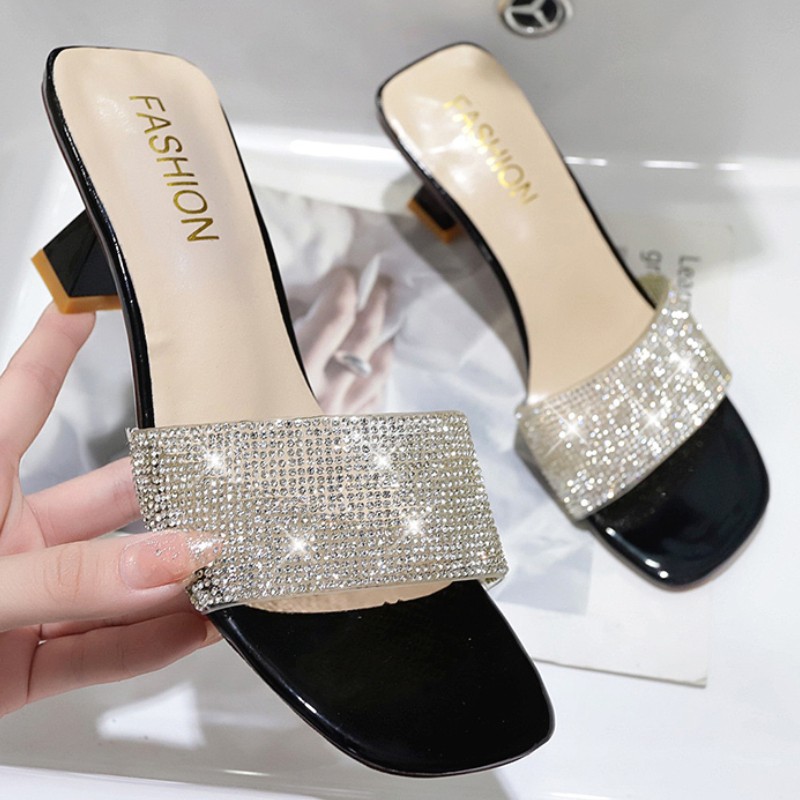 2022 New Bright Diamond Sandals Toe High Heels Women Slippers Sandalia Feminina Party Dress Shoes Sandals Women Size 35-42