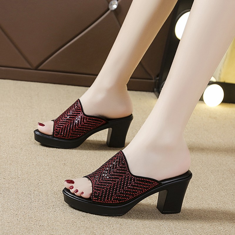 Diamond Rhinestone Genuine Leather Summer Shoes Fashion Mother Outdoor Sandals Women Plus Size 40-42 Cool Slippers