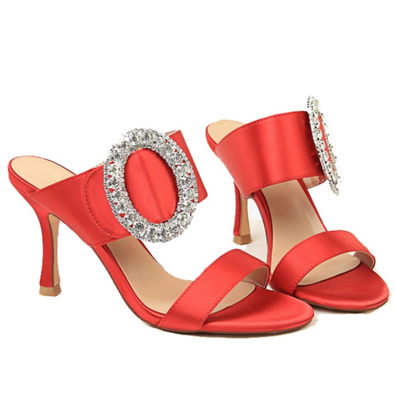 Diamond silk satin banquet high heels women's sandals summer sexy wedding metal fish mouth big diamond buckle women's sandals