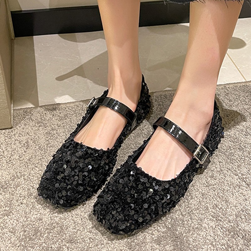 Rimocy Suqare Women Silver Sequin Toe Flat Shoes 2022 Spring Summer Flat Heel Mary Jane Shoes Women Buckle Casual Shallow Shoes