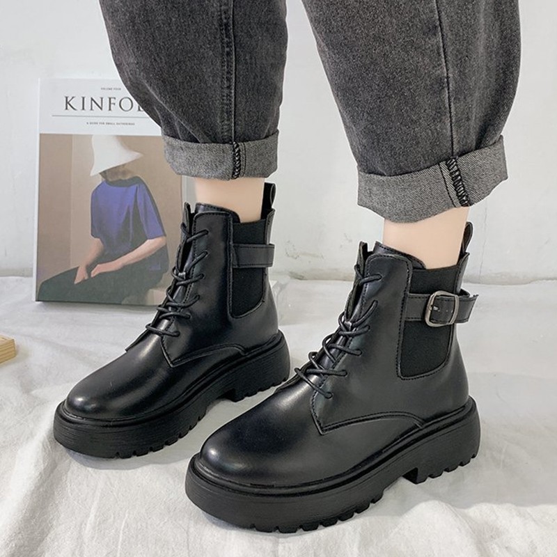 Rimocy Fashion Black Platform Women's Boots Autumn Winter 2021 PU Leather Chunky Ankle Boots Woman Waterproof Motorcycle Boots