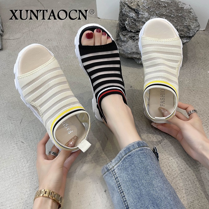 Women's sandals peep toe hollow air mesh thick bottom solid wedges female summer shoes causal fashion slip on women's shoes