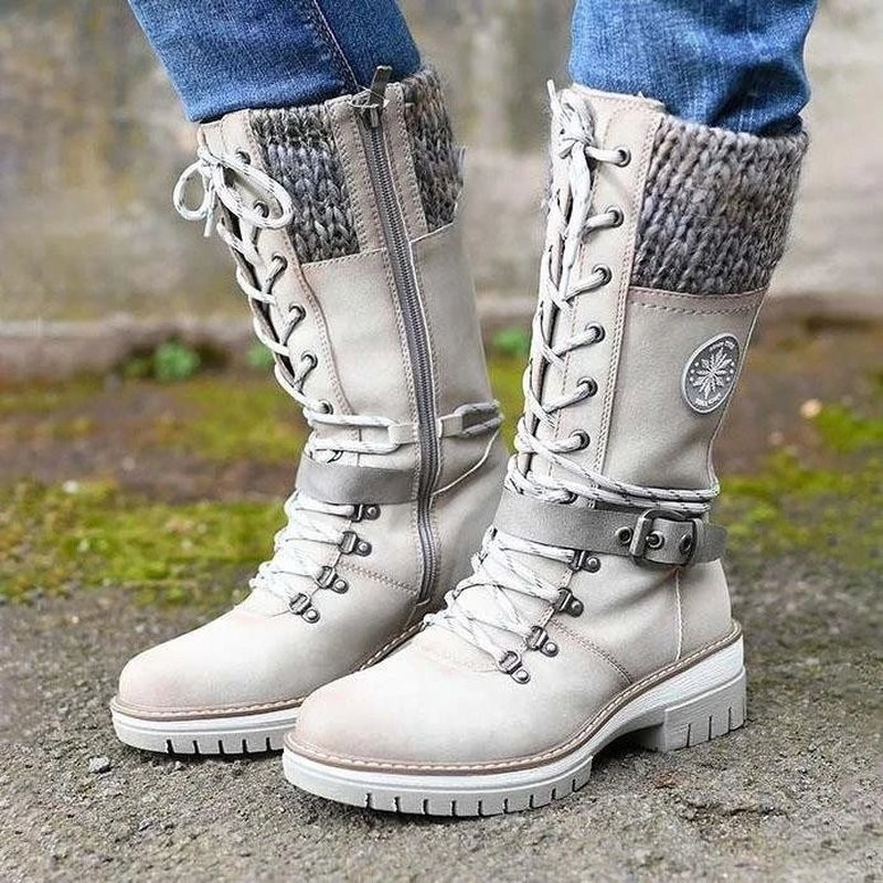 Women's Winter Side Pull Lace-up Knitted Mid Tube Boots Low Heel Round Toe Boots High Quality Winter Warm Boots Botas De Mujer