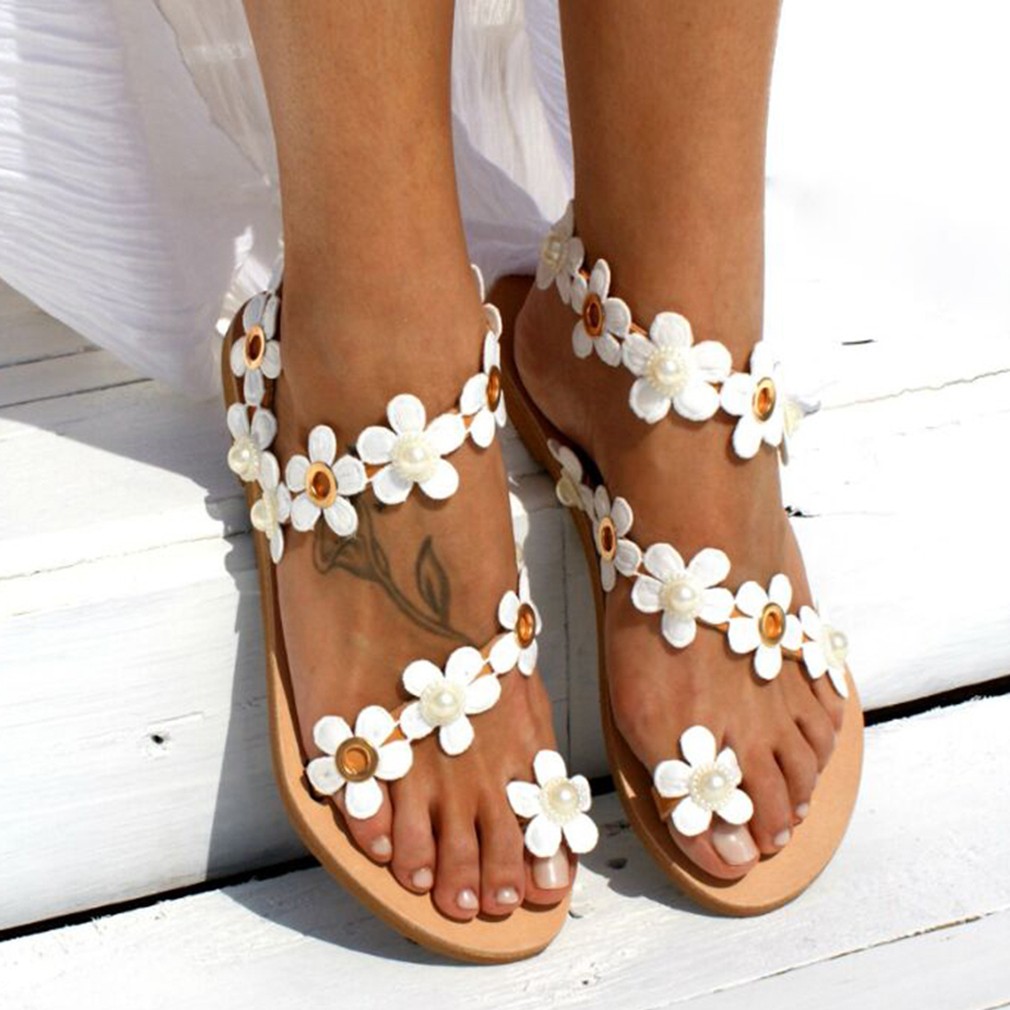 Women Bohemia Flower Flat Summer Sandals Shoes Slippers Ladies Girls Gladiator Sandals Pearl Shoes Sandalias Mujer Flip Flop 44