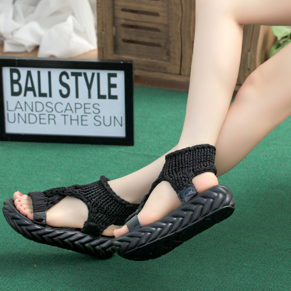 Women Gladiator Sandals Summer Flat Wool Shoes Thick Bottom Knitting Solid Sandals Ladies Platform Sandalias Zapatos Mujer