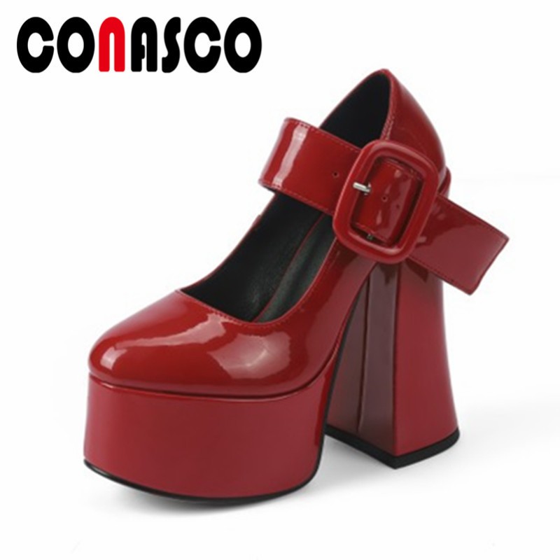 CONASCO Punk Women Thick High Heel Pumps Party Buckles Night Club Prom Shoes Woman Genuine Leather Pumps