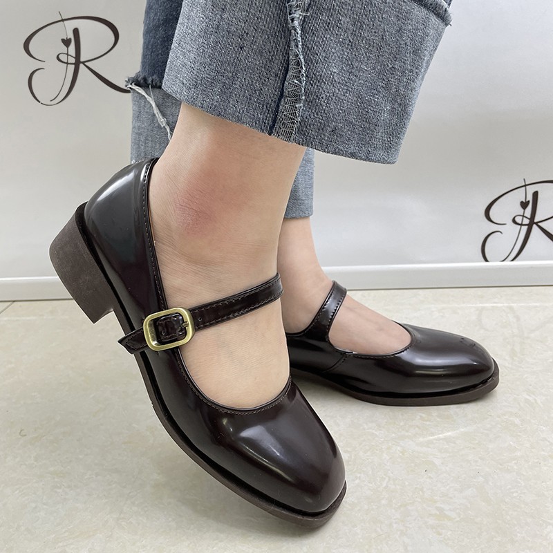 Rimocy Vintage Brown Low Heel Mary Jane Shoes for Women Spring Autumn Patent Leather Shoes Woman Square Toe Buckle Strap Pumps