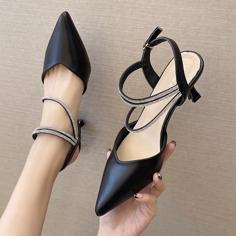 Rimocy Sexy Crystal Strap Slippers Pumps Women 2022 Summer Thin High Heel Sandals Woman PU Leather Pointed Toe Party Shoes