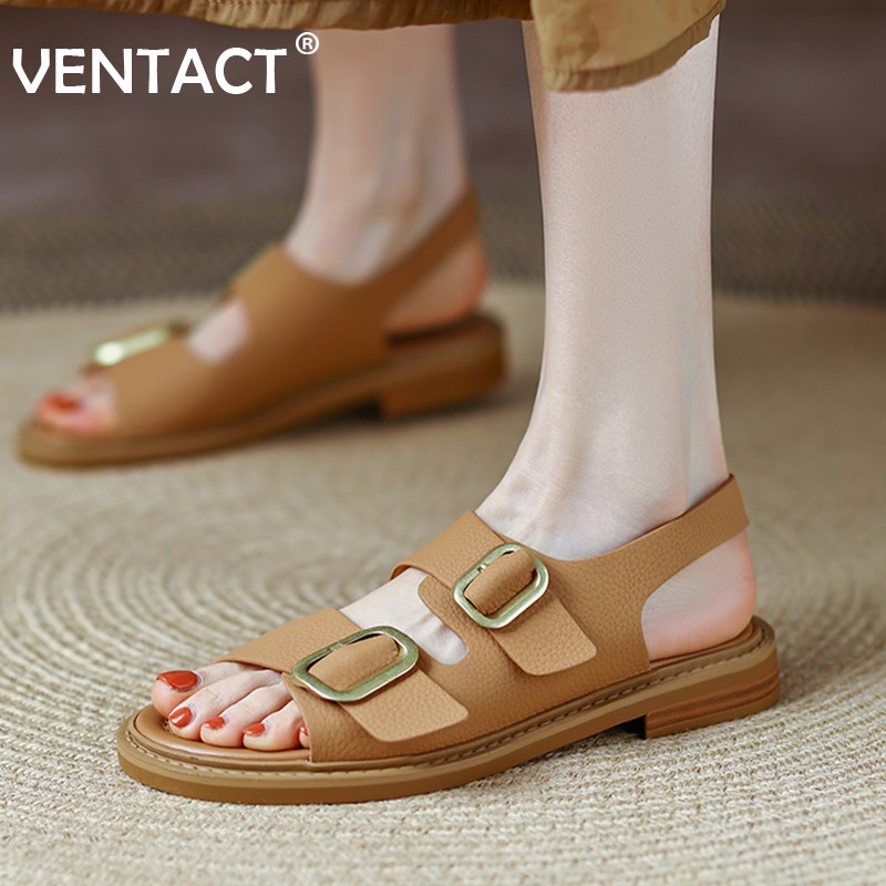 VENTACT Real Leather Women Sandals Fashion Buckle 2022 New Summer Shoes Woman Casual Daily Lady Flats Footwear Size 34-39