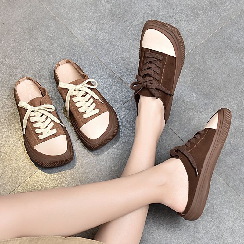 Half slippers women 2021 spring and summer new cool slippers contrast color retro handmade square lace up soft-soled shoes