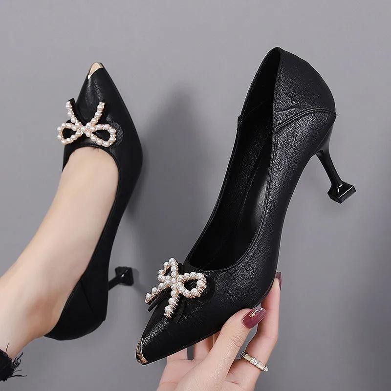 Rimocy Sexy Pointed Toe Shallow Stiletto Heel Pumps Women Fashion Pearl Bowknot High Heel Dress Party Shoes Woman Zapatos Mujer