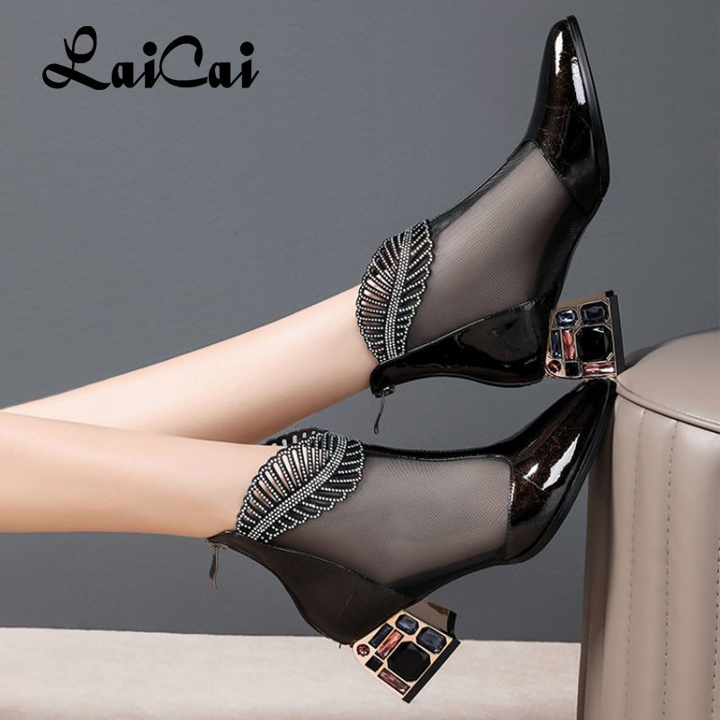 2021 spring summer new chunky heels patent leather pumps women hollow-out plus size shoes rhinestone mesh closed toe sandals