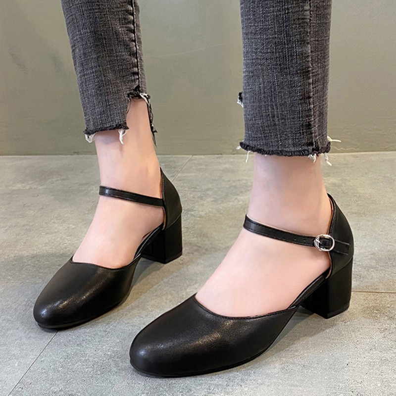 Rimocy Black Women Mary Jane Round Heel Pumps Women Platform Thick Heel Ankle Strap Shoes Women Summer PU Faux Leather Boots