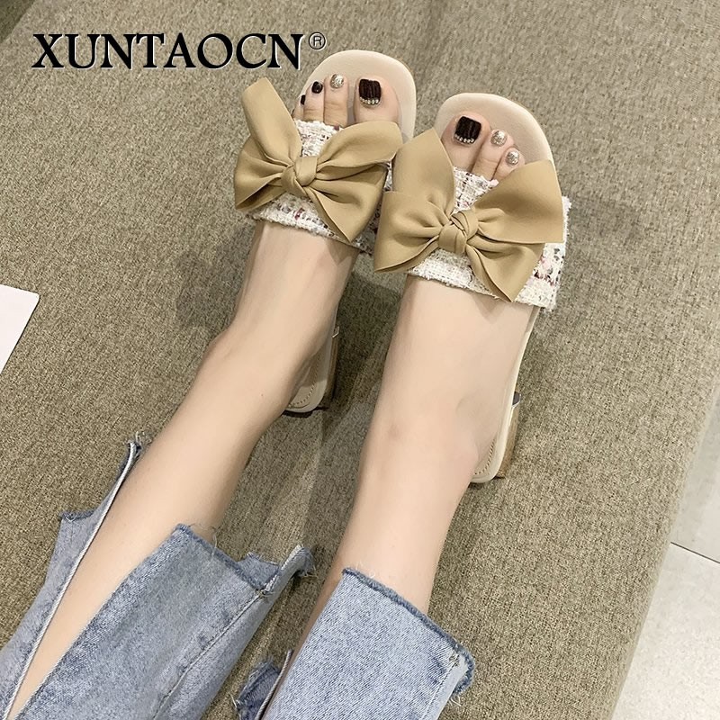 Fairy Silk bow-knot plaid fabric slippers women sandals summer lattices modern shoes woman flip flops metal heels slides femme