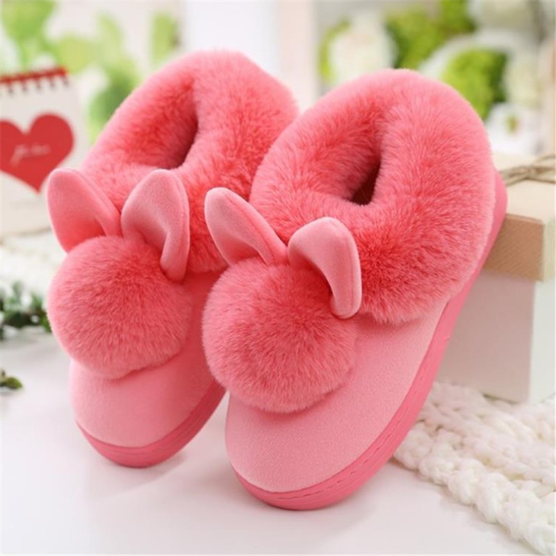 Autumn Winter Cotton Slippers Rabbit Fur Home Warm Thick Bottom Indoor Cotton Shoes Women Slippers Cute Fluffy Cat Slippers