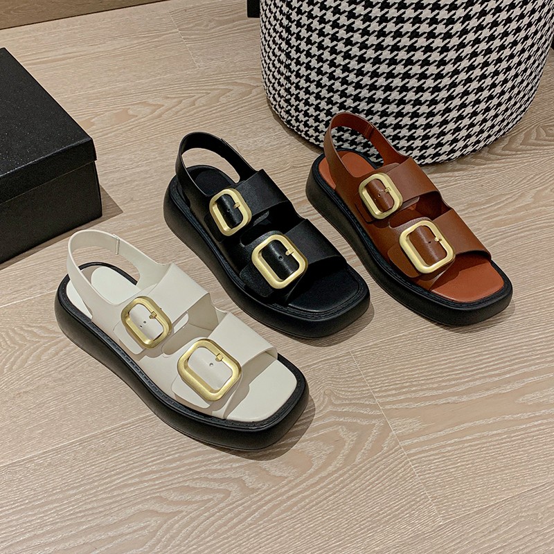 Metal buckle decoration split leather slip on women sandals flat platform fashion women's shoes summer sandals black beige