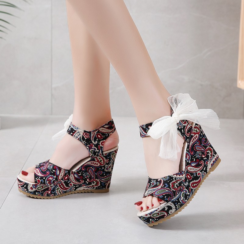 Rimocy Print Bohemia Wedges Sandals for Women 202 Summer Super High Heels Peep Toe Sandalias Mujer Plus Size Beach Platform Shoes