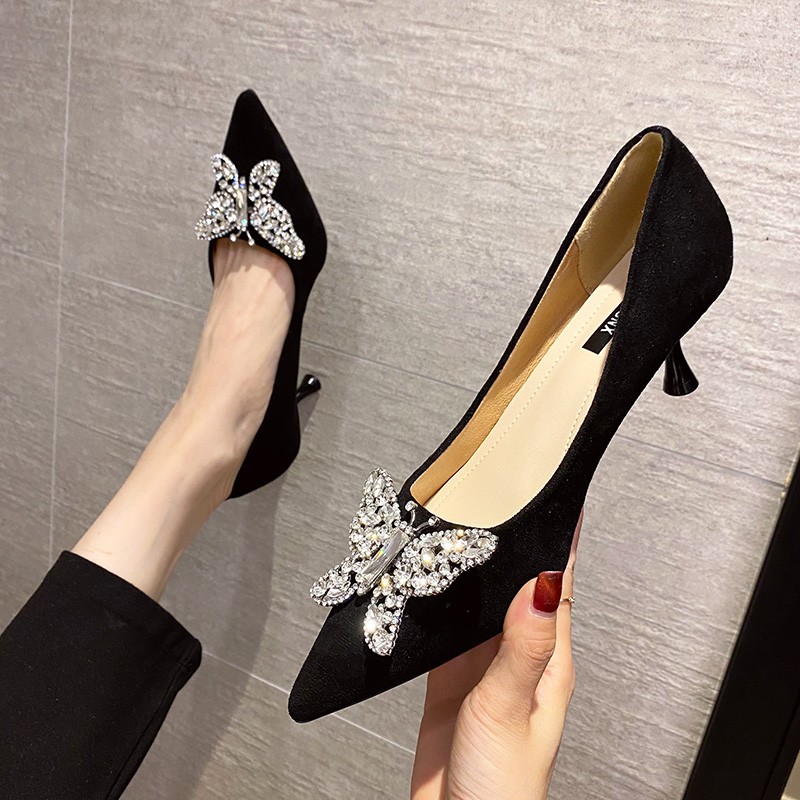 Rimocy Luxury Rhinestone Butterfly Women Pumps Sexy Pointed Toe Thin High Heel Shoes Woman Spring Summer Wedding Party Shoes