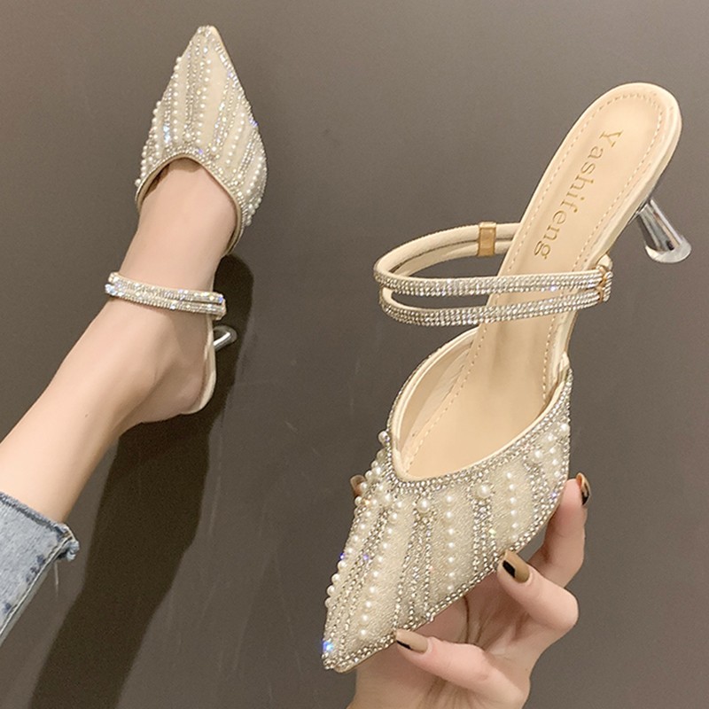 Lucifer Bling Crystal Pointed Toe Slippers Women 2022 Pearl Stiletto High Heel Sandals Woman Shallow Mouth Mules Shoes Female