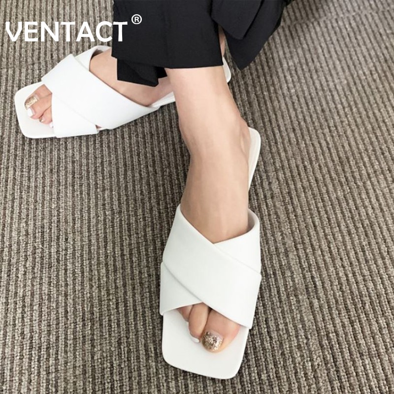 VENTACT Women Sandals Shoes Fashion Open Toe Genuine Leather Slippers Shoes Women Stylish Solid Slip On Footwear Size 34-43